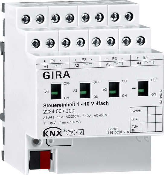 Gira 222400 Модуль управления KNX 1 – 10 В, 4-местный с ручным управлением, цвет: REG plus