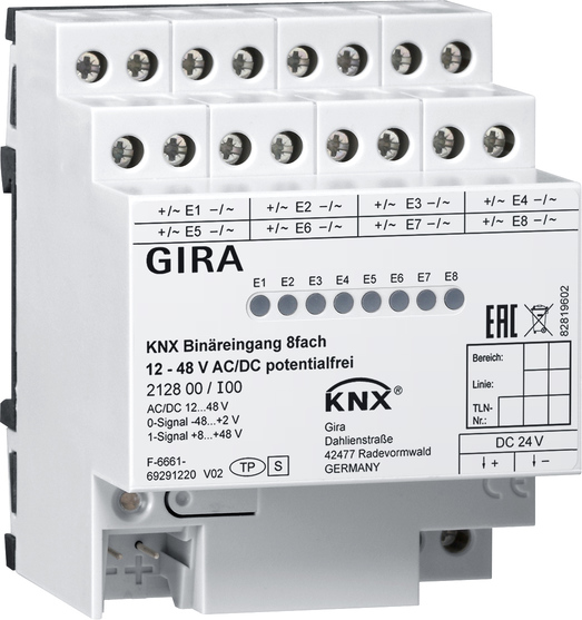 Gira 212800 KNX двоичный вход 8-местн. 12 – 48 В AC/DC, беспотенциальный, цвет: REG plus