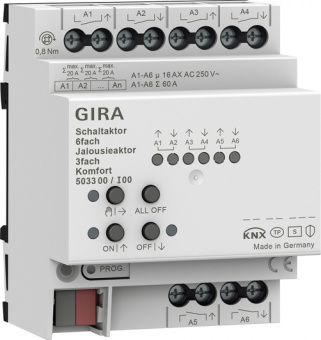 Картинка GIRA 503300 Коммутатор KNX, 6-местн., 16 A/исполнительное устройство жалюзи, 3-местн., 16 А, Komfort, цвет: REG plus