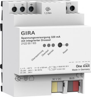 Картинка gira 212200 источник питания knx 320 ма с интегрированным дросселем